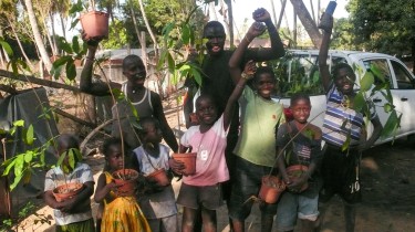 Children carrying seedlings